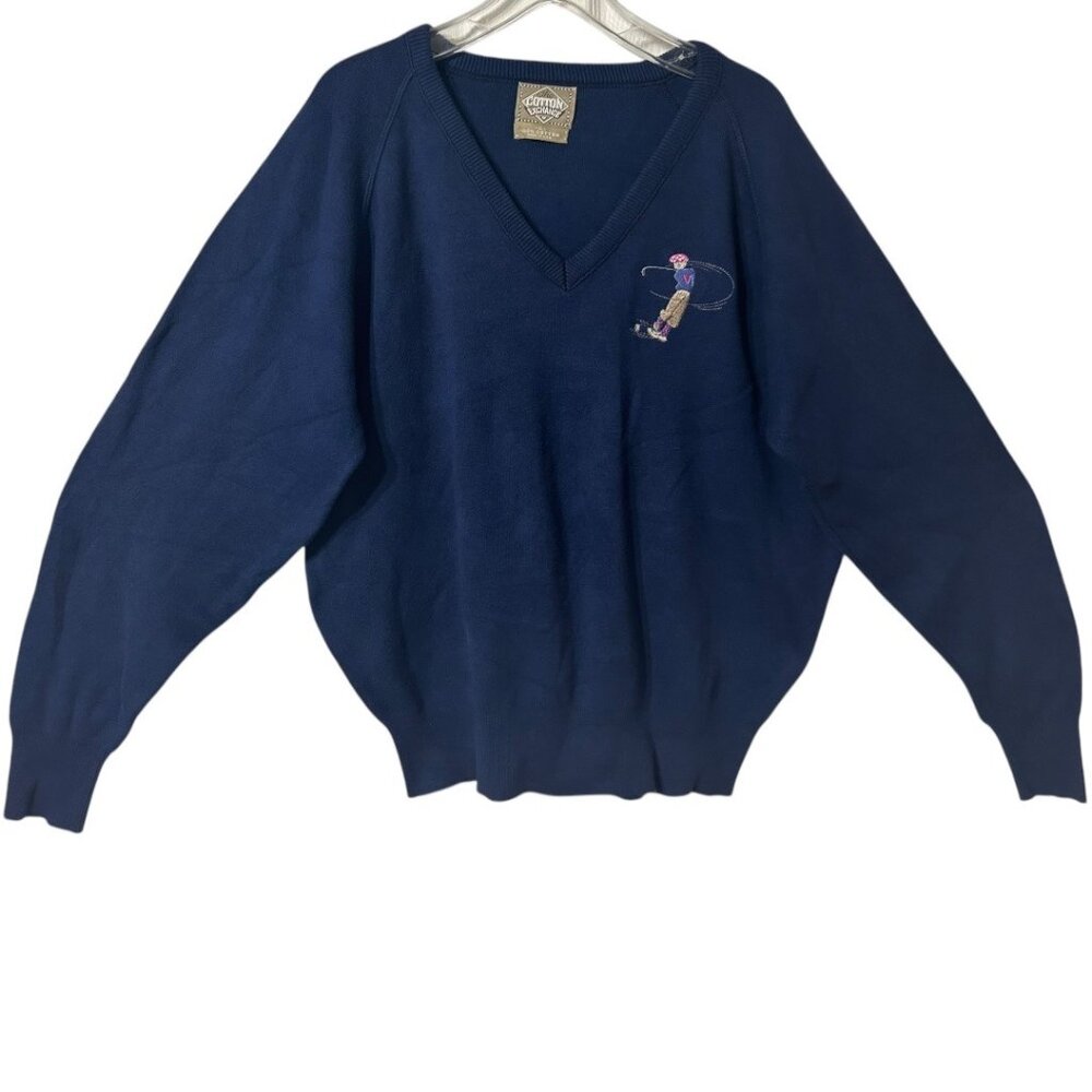 Vintage Cotton Exchange Navy‎ V-Neck Sweater Embroidered Golfer Design Size XL